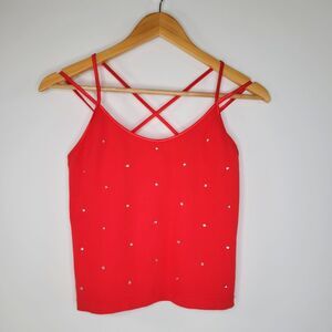 ENERGIE Red Strappy Cropped Tank Top Size XL Y2K Bedazzled Stretch McBling